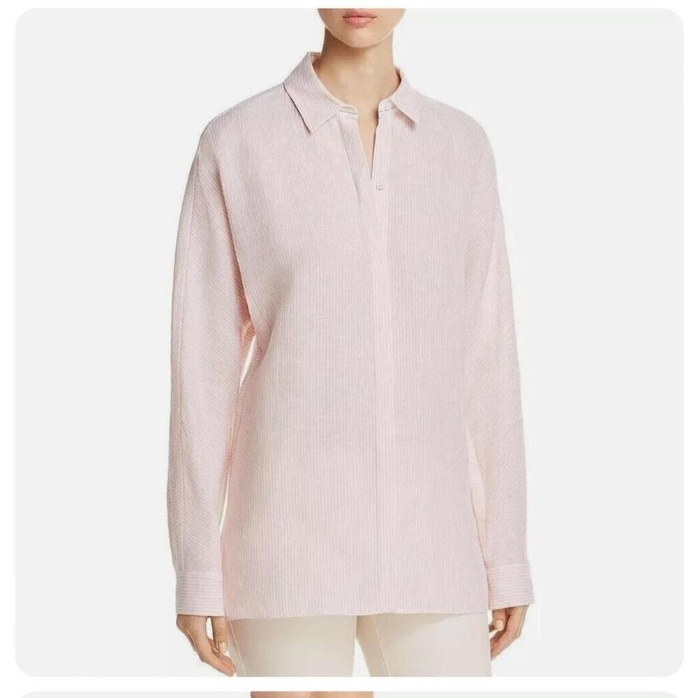 Lafayette 148 New York Pink White Striped Linen Long Sleeve Blouse Size Large